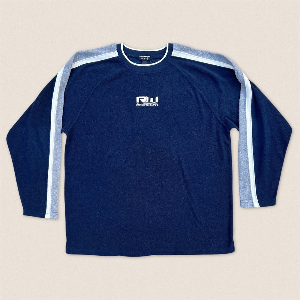 Vintage 90s Roca Wear Sweatshirt Navy‎ Blue Gray Striped Crew Neck - Size 2XL